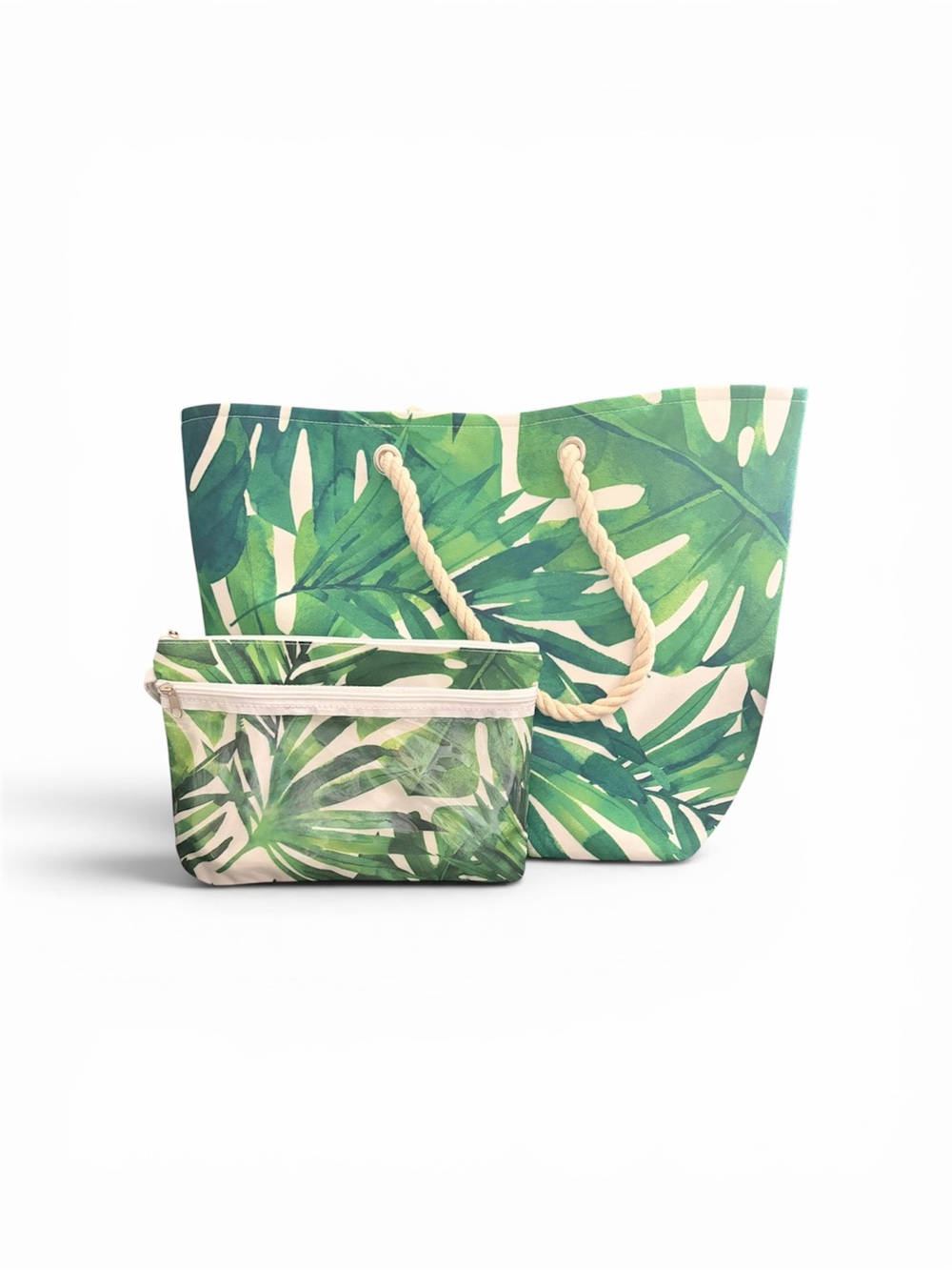 Tropical Leaf Canvas Tote and Pouch Set - Green